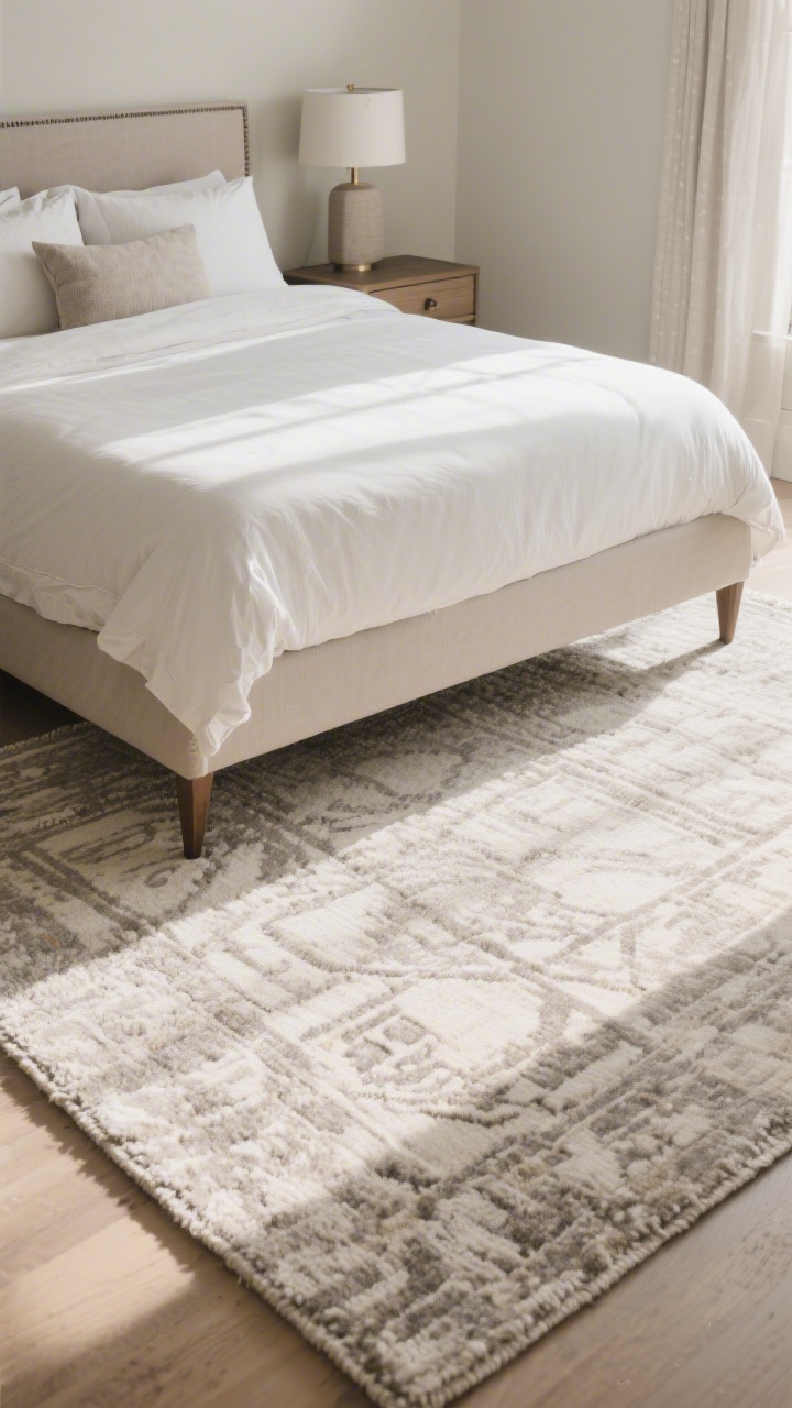 Wide, slightly angled room shot emphasizing a generously sized rug: under a king bed, a 9' x 12' hand-knotted, low-pile rug in a neutral palette with a subtle pattern, placed so feet land on it when stepping out of bed. Show bed legs partially on the rug, nightstands off-rug for correct scale. Morning light enhances the plush yet refined texture.