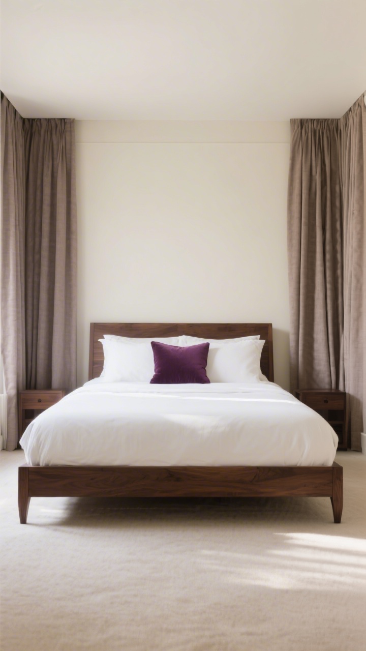 Wide, straight-on shot of a luxury bedroom showcasing a cohesive three-color palette: cream, taupe, and espresso. Soft matte cream walls, taupe linen drapery, espresso-stained wood bed frame with simple white bedding and a single deep plum accent pillow. Minimal decor to keep the eye relaxed; calm natural daylight, no harsh shadows. Add subtle textures but keep colors tightly controlled and soothing.