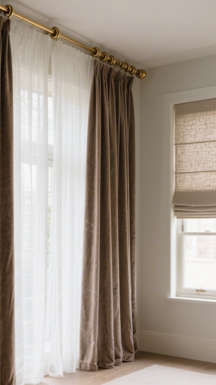 Wide window wall shot showcasing floor-to-ceiling drapery: double-layer treatment with sheer white panels for daylight and lined taupe velvet drapes for privacy and plushness, hung high near the ceiling to elongate the room. Substantial brass rod and rings matching other metal finishes. Include an alternative Roman shade in a textured linen on a nearby smaller window. Gentle backlit glow.