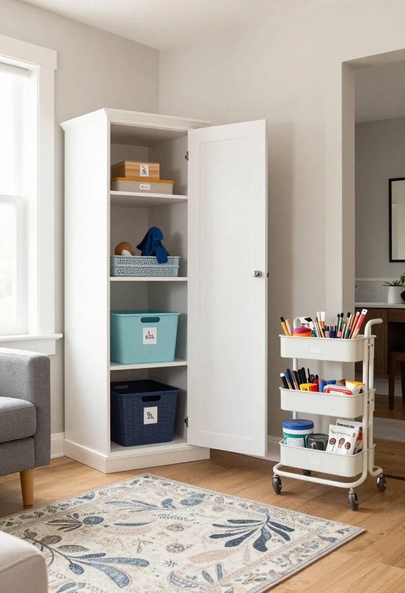 A corner medium shot of a defined kid/pet zone in the living room: a low credenza with soft-close doors and labeled interior bins, a washable rug visually marking the area, and a single rolling cart for art supplies or grooming gear; everything tidy and intentional; calm, family-friendly vibe, natural daylight.