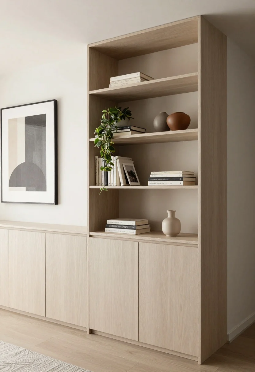 A corner wide shot of tall bookcases with a closed base (doors on the lower third) and open shelving above; top shelves styled with books, a few ceramics, and a trailing plant in a restrained neutral palette with one muted accent color; closed base hiding tech and photo storage; adjacent large framed art anchors the vignette; matte finishes and soft morning light.