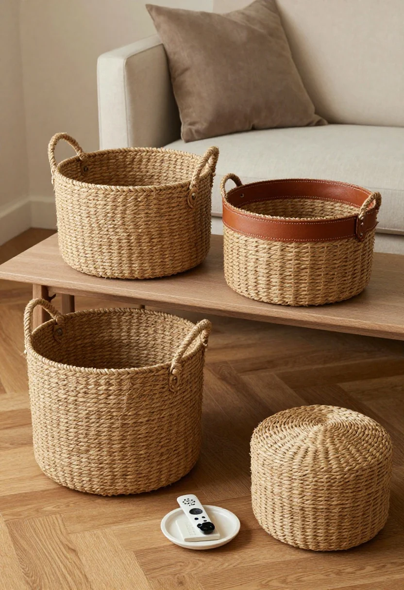 A detail closeup of structured lidded baskets in seagrass, rope, and woven leather: two medium baskets tucked under a console table, a lidded floor basket beside a sofa, and a mini lidded basket atop a coffee table holding remotes and coasters; tones matched to warm oak flooring so they visually recede; soft diffused daylight highlighting weave textures.