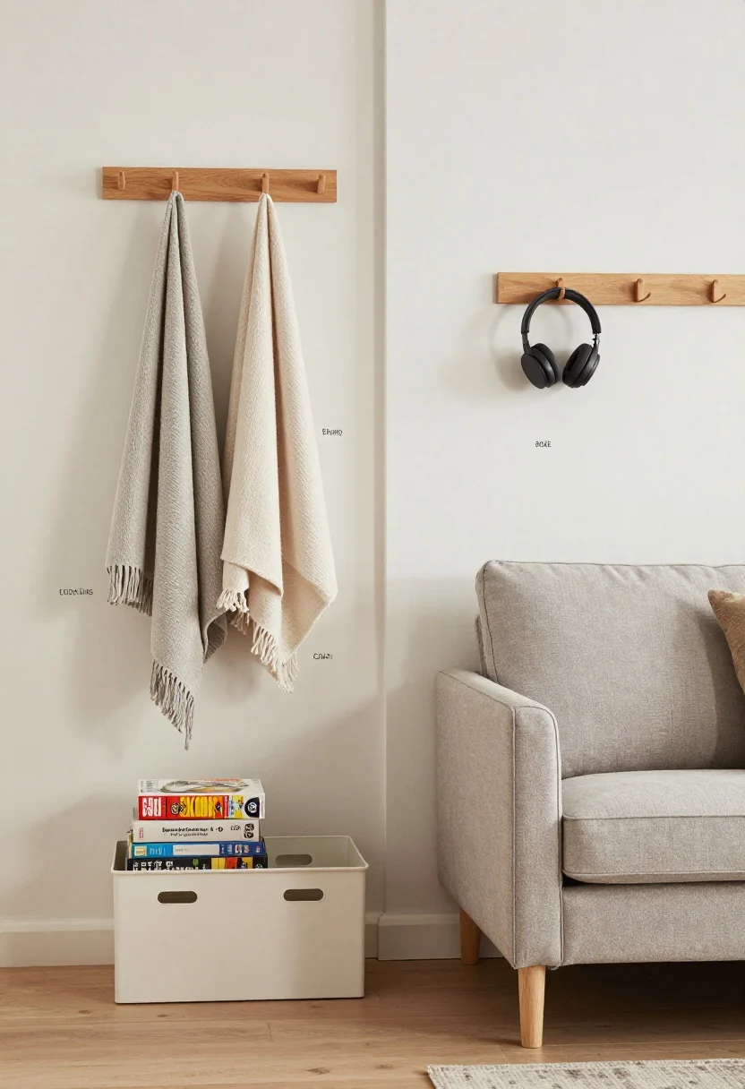 A detail collage-like scene: over-the-door rack on a nearby hall closet holding folded throws and board games; low, flat storage bins on sliders peeking from under a skirted sofa; stick-on hooks hidden behind a console supporting headphones and an extension cord; each item labeled; neutral palette, practical mood, clean daylight.