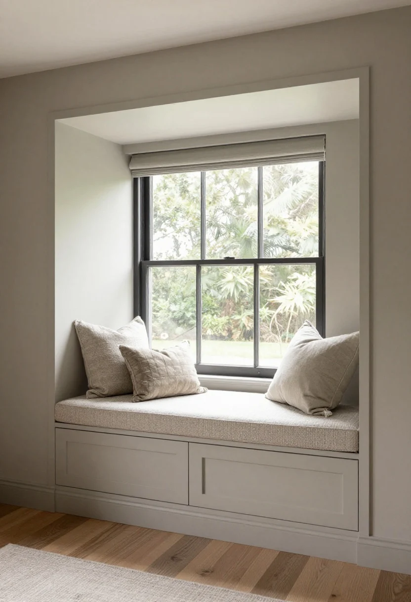 A medium shot of a built-in window seat with hidden storage drawers beneath, painted the exact same color as the surrounding wall for a seamless look; soft-close drawer slightly open showing folded blankets and board games; a thick upholstered bench cushion in a textured neutral, styled with two to three pillows max; gentle daylight streaming in, calm and cozy mood.