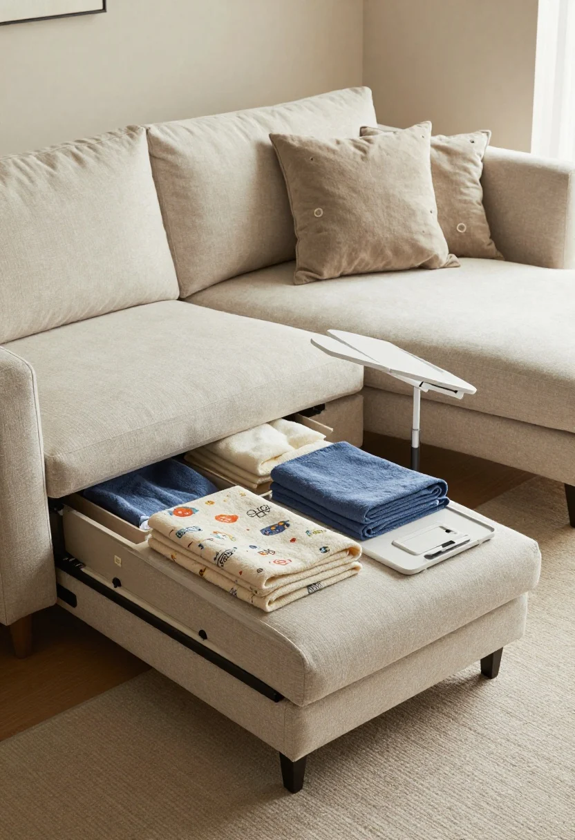 A medium shot of a contemporary sectional sofa with a storage chaise lifted to reveal neatly folded blankets, pillow inserts, kids’ toys, and a foldable lap desk; sofa in a neutral fabric with raised legs for airiness, one throw per seat and blankets folded lengthwise across the back; machine-washable slipcover texture visible; warm ambient daylight, uncluttered look.