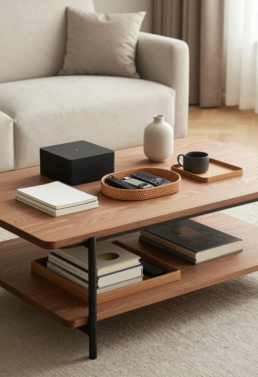A medium shot of a modern living room coffee table with a lift-top partially raised, revealing neatly arranged lidded boxes, a shallow rattan tray with chargers, notebooks, and remotes; two-tier design with a slender lower shelf holding 3–5 curated books and a small tray; neutral palette with warm wood, matte black accents, and soft natural daylight; styled minimally on top with a ceramic mug and a slim vase, no people, photorealistic.