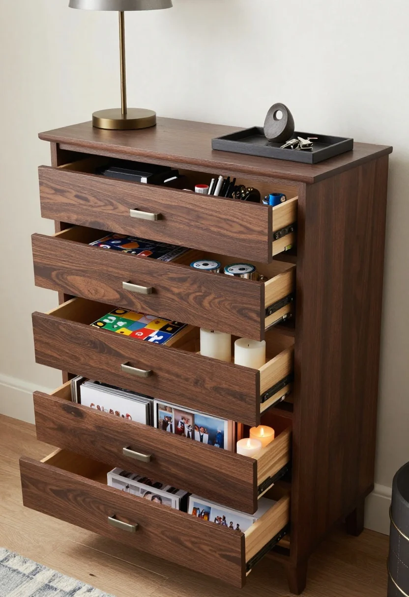 A straight-on medium shot of a console table with substantial, deep drawers and a combo of drawers and doors; open drawers show a top drawer with mail sorter, pens, tape, batteries; middle with tabletop games, coasters, extra candles; bottom with photo albums and seasonal decor; styled on top with a single lamp, a tray for keys, and one sculpture; restrained, modern lighting.
