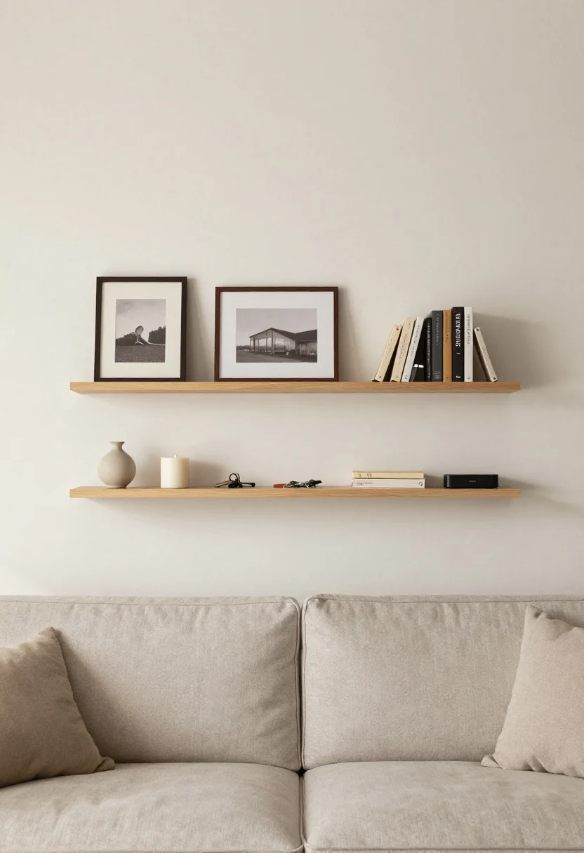 A straight-on medium shot of a wall with two picture ledges stacked 11 inches apart, styled with a balanced mix of leaned frames, a tiny vase, a candle, and thin bookends corralling paperbacks; a slim shelf behind the sofa peeks over the back cushions holding keys, mail, and a charging dock; minimalist, airy, soft neutral tones, gentle indirect daylight.