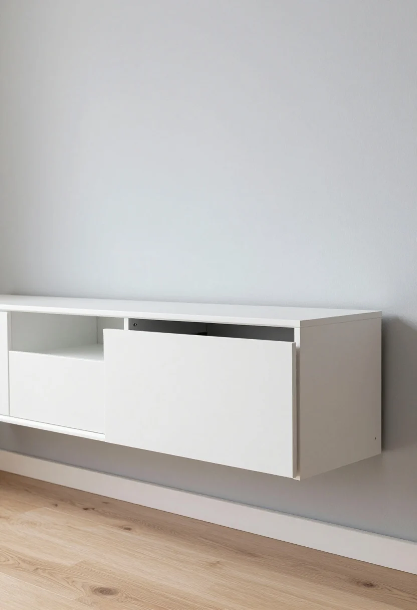 A straight-on wide shot of a wall-mounted, handle-free, push-to-open low media console slightly wider than the TV above it; drawers closed, cable management grommets visible inside an open side bay, a painted-to-match cord cover running down the wall; clean lines, matte white console against a soft greige wall, light oak floors; subtle daylight, minimal decor, drawers organized with dividers glimpsed in a slightly open drawer.
