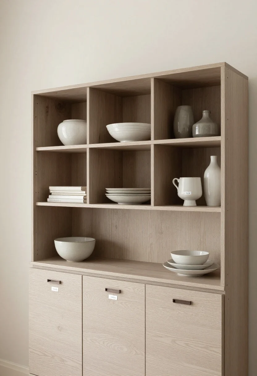 A styled overhead detail of a console and shelving vignette demonstrating the 60/30/10 rule: 60% closed storage (drawers/doors), 30% curated display groups in odd numbers with varied heights, and 10% negative space left clear; one-in, one-out labels visible inside a drawer; flat surfaces kept about 70% clear; serene, luxe mood with soft, even light.