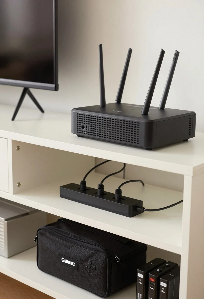 A tight detail shot behind a media console showing clean tech management: a power strip mounted under the console with tidy cable ties, adhesive cable clips guiding cords, a ventilated storage box housing a router on an open shelf (no metal/solid doors), and labeled zip pouches for controllers and spare batteries; cool, even lighting emphasizing order.