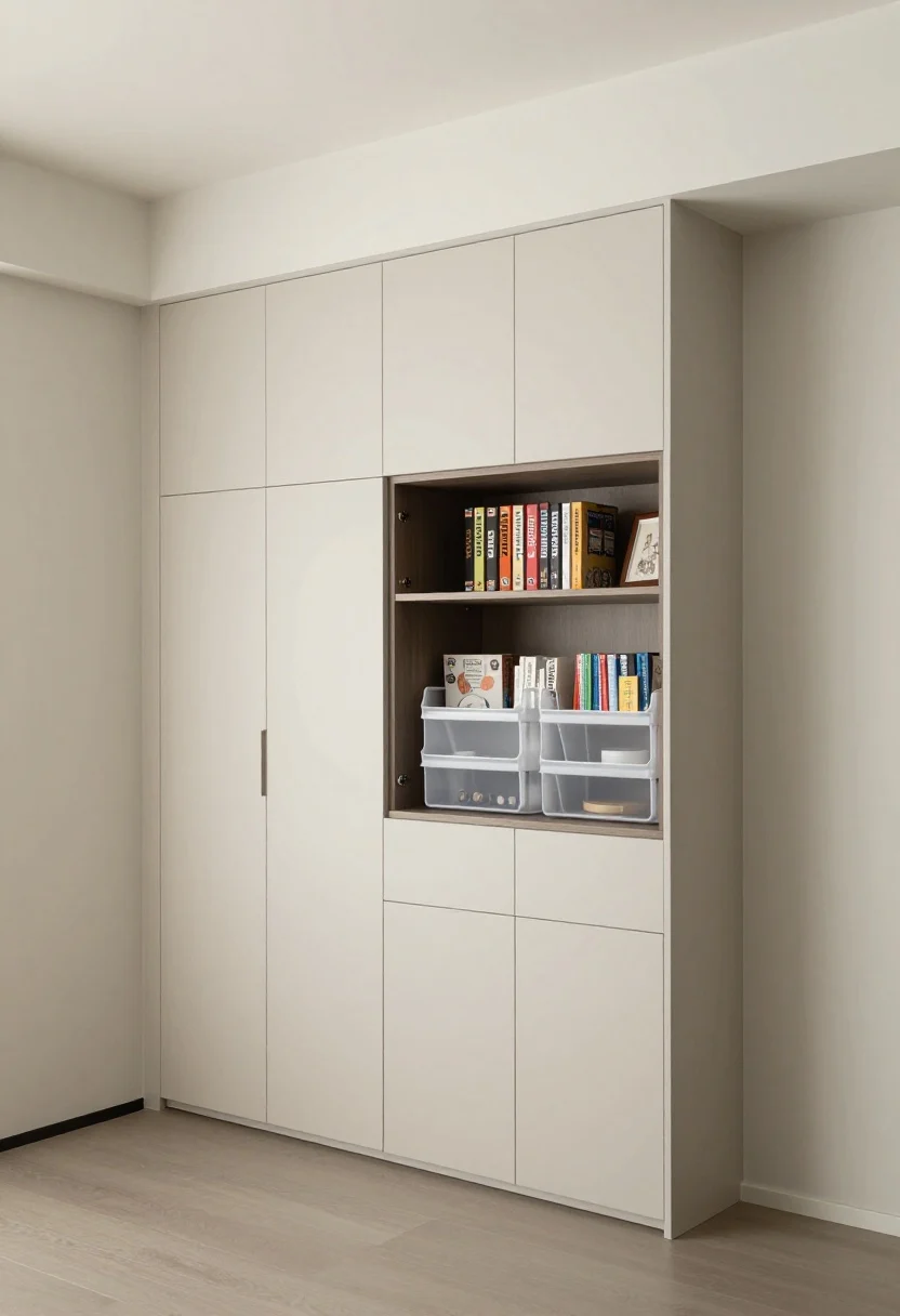A wide shot of a tall, 12–14 inch deep slim cabinet installed on a blank living room wall, painted tone-on-tone to match walls with flat-front doors and discreet pulls; doors open to reveal a mini bar, board games, and overflow books organized with clear bins and stackable risers; understated, modern, soft evening ambient light.