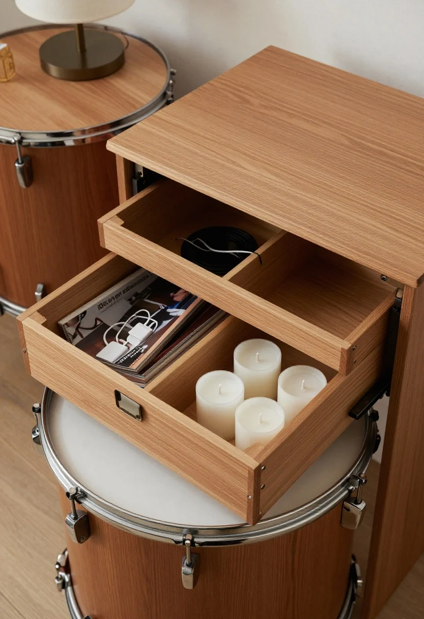 An overhead detail shot of a drum side table with a lift-off top set aside, revealing neatly stored magazines, chargers, and candles (unlit) inside; a nesting side table pair partially separated nearby; solid wood with brushed metal accents for stability; the visible tabletop kept minimal with a lamp and one decor object; crisp afternoon light.