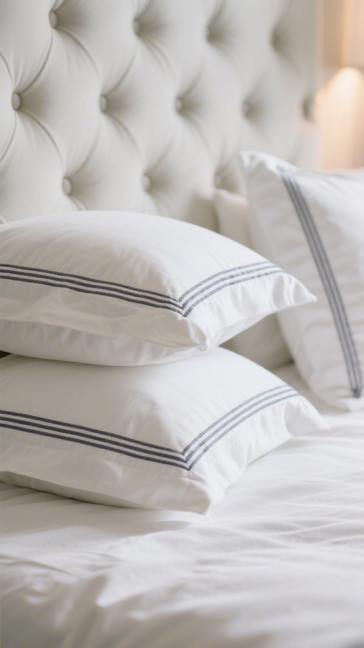 Closeup detail of refined edge finishes: white pillowcases with three-line embroidery in soft slate stacked over a duvet cover edged with contrast piping in charcoal; nearby flanged shams in ivory create crisp structure against a tufted headboard; gentle side lighting highlights stitching, piping, and flange shadows for hotel energy.
