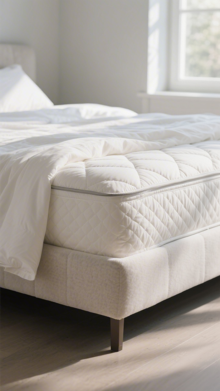 Closeup detail shot of a plush mattress foundation on a modern bed: a 2–3 inch down-alternative mattress topper beneath a quilted mattress pad, both visible at the corner where deep-pocket fitted sheets in soft white are being pulled over without slipping; natural morning light from a side window highlights the loft and quilting texture, no other bedding layers shown.