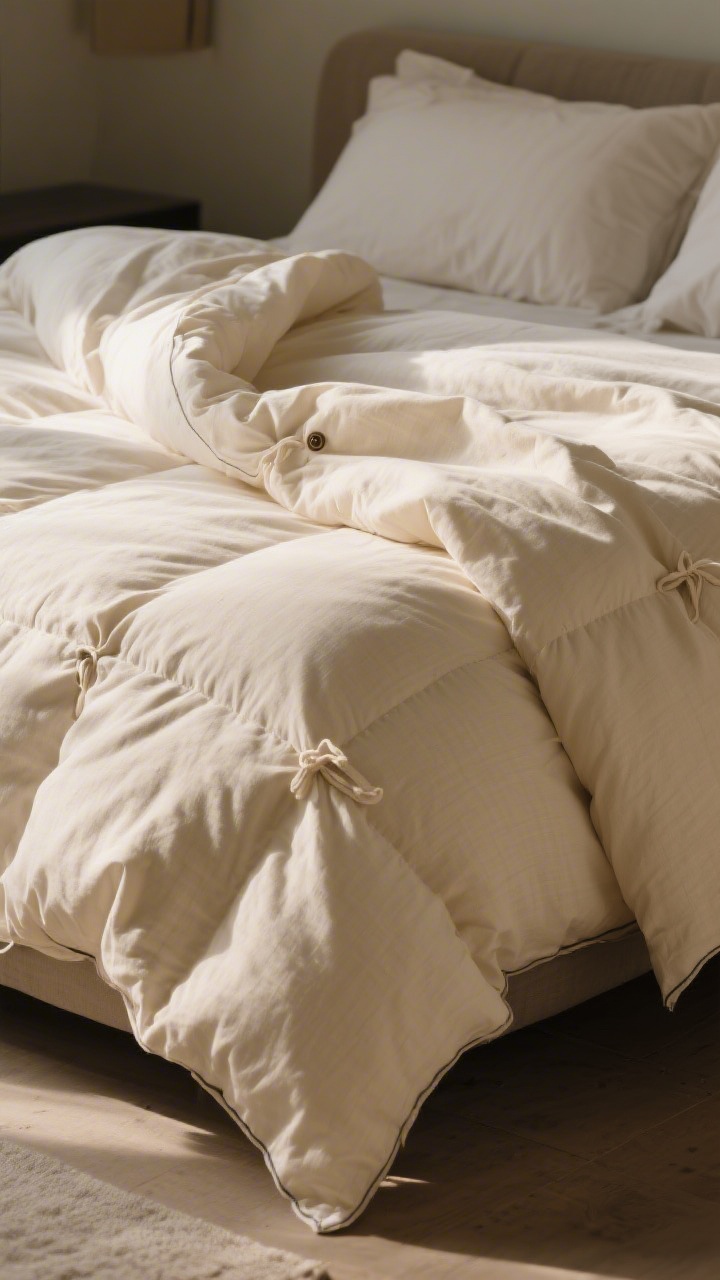 Corner-angle medium shot focusing on a lofty duvet as the drama layer: a linen duvet cover in warm ivory encasing an oversized down insert (sized up for extra fullness) with visible corner ties peeking at an open button placket; the duvet is fluffed and folded in thirds at the foot of the bed, with natural side lighting emphasizing volume and shadow.