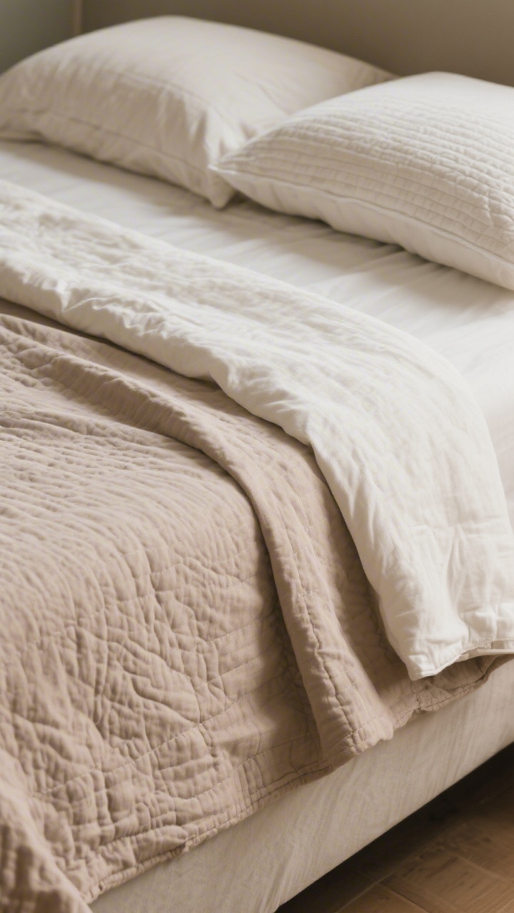 Corner detail shot revealing a thin cotton bed blanket layered between the top sheet and quilt: the sheet turned back to show the tight-weave blanket in warm mushroom smoothing the silhouette, with the quilt and folded-down duvet above; textures read clean and even, gentle morning light emphasizes flatness and function.