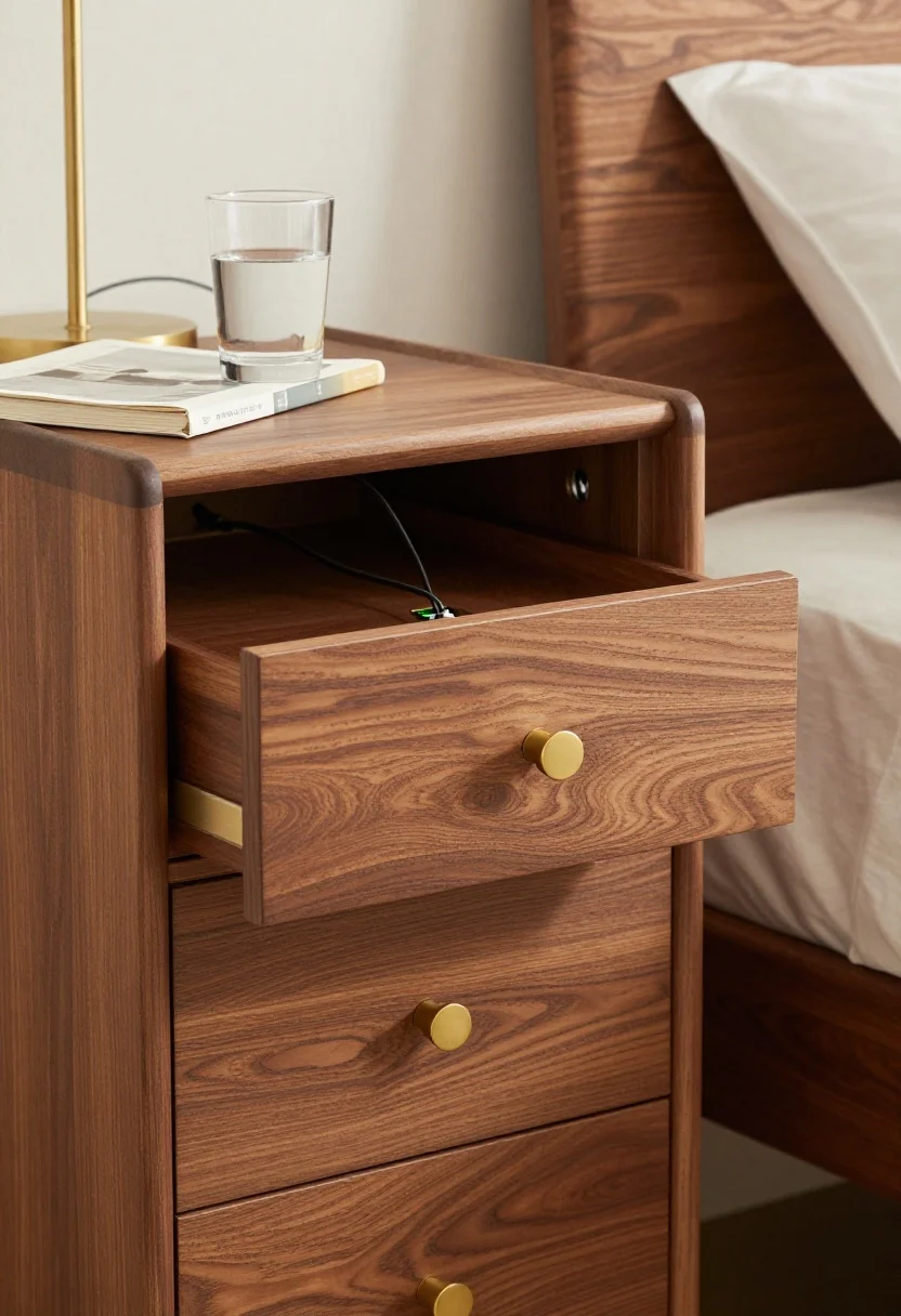 Detail closeup: A narrow-but-tall nightstand with three drawers, integrated charging ports and a cable grommet at the back, a discreet pull-out tray extended with a glass of water and a book; matte brass hardware matching a nearby lamp, cords hidden; soft bedside lighting, rich wood grain texture and smooth lacquered drawer interior, photorealistic.