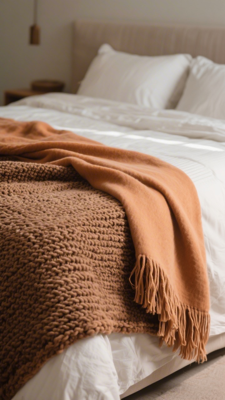 Detail closeup of layered throws placed with intention: a chunky, nubby knit throw in cocoa laid across the lower third of the bed for texture, paired with a lightweight fringed throw in soft caramel casually draped over one corner; tight color palette of 2–3 hues (ivory, caramel, cocoa), soft directional light adding gentle movement to the fringe.
