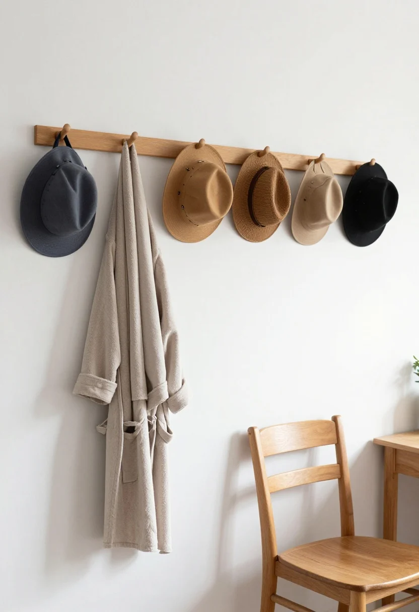 Detail closeup, straight-on: A row of uniform wood pegs holding curated daily essentials—bag, hat, scarf—arranged neatly; a Shaker rail along the wall with robes and totes spaced evenly; inside-door hooks with tomorrow’s outfit ready, keeping a nearby chair clear; warm wood tone against soft white wall, natural morning light, minimalist and organized, photorealistic.