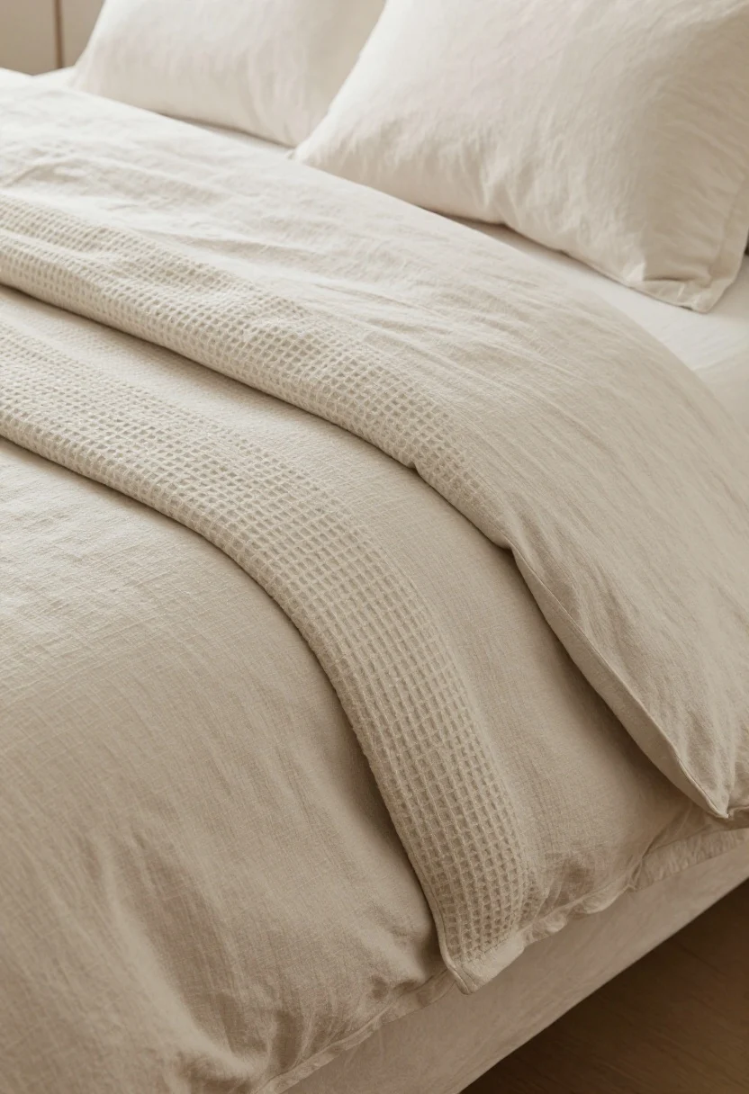 Detail closeup: Textural bedding stack that tricks the eye—simple solid linens in soft neutrals, layered waffle knit throw, breathable linen duvet, and a lightly quilted cover adding depth without visual noise; gentle side daylight skimming across fabrics to highlight weave and texture; tight composition focused on material contrast and scale, no extraneous decor in frame.