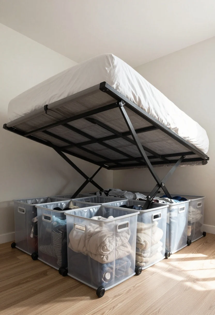 Detail closeup: Underbed storage scene showing clear rolling bins labeled for off-season clothes, a hydraulic lift-up storage base partially raised revealing neatly stored bulky items, and minimal bed risers concealed by a tailored bed skirt; neutral palette, crisp shadows with diffused daylight from the side; overhead, top-down angle emphasizing organization and clearance awareness.