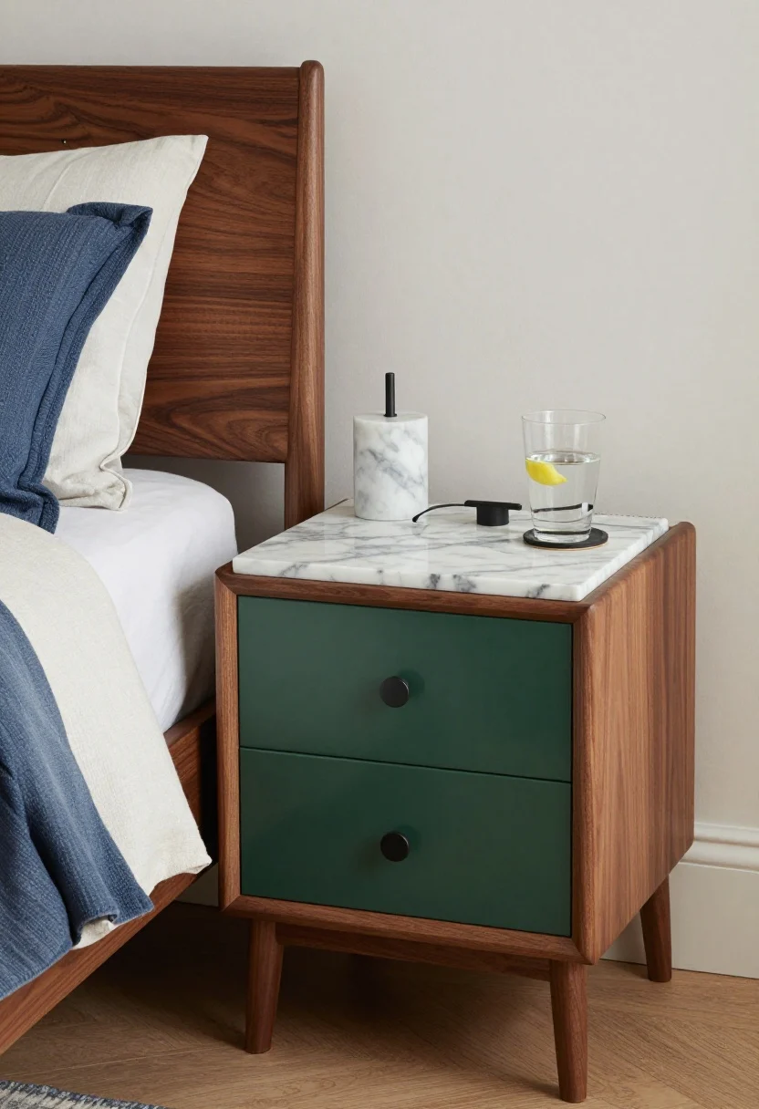 Detail-rich closeup emphasizing materials and finishes: a nightstand corner featuring walnut solid wood frame (rich tone, visible grain), a lacquered forest-green drawer front (subtle gloss, coaster on top to avoid rings), and a honed marble stone top with delicate veining. Nearby accents repeat materials: a small marble-based lamp for intentional cohesion and a black powder-coated metal pull for durability. Include a swatch of camel linen on the bed to show warm-wood pairing and a cool blue throw to contrast. Gentle side lighting to reveal texture; no fingerprints on metal, faint etch warning implied by a closed lemon water glass on a coaster.