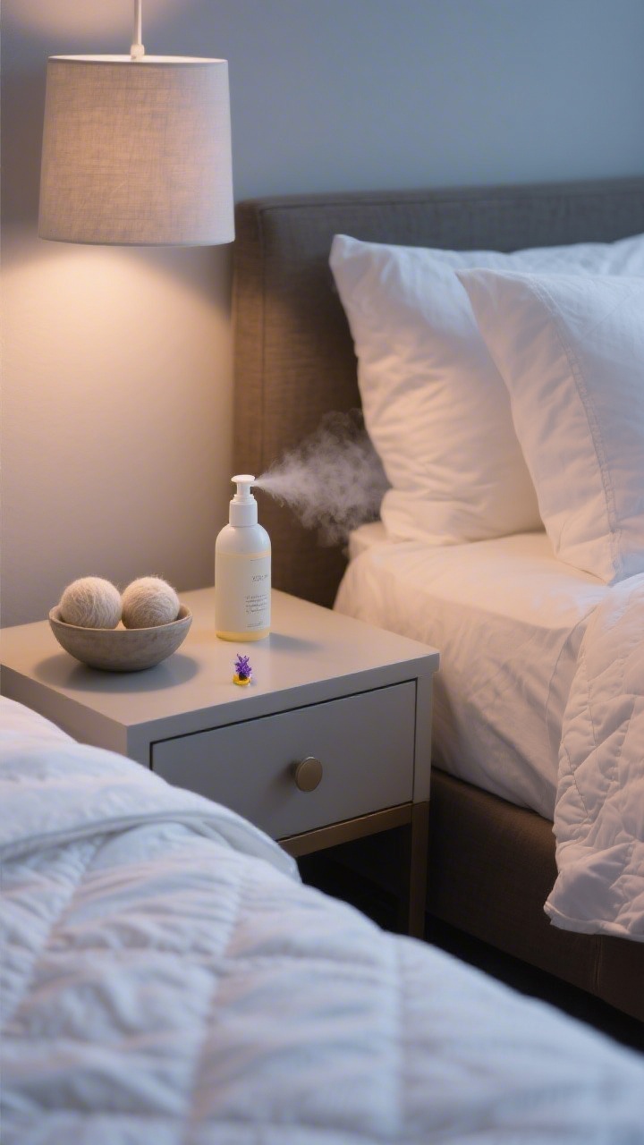 Intimate bedside medium-close shot focusing on finishing rituals: a lightly misted linen spray bottle on a nightstand, a freshly laundered duvet lightly steamed with relaxed wrinkles, quilt and duvet folded back neatly; a small bowl with wool dryer balls, one with a tiny drop of lavender oil nearby; soft, calming evening light for a five-star feel.
