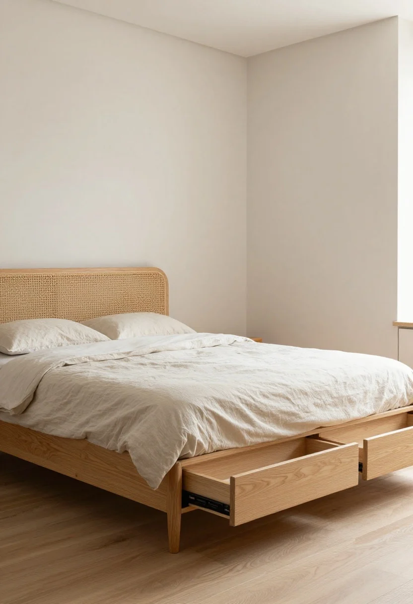 Medium shot: A slim, leggy platform bed with visible tapered wood legs and integrated hidden storage drawers (soft-close) partially open, a low narrow rattan headboard mounted on the wall to save inches, airy neutral linens, no footboard; avoid bulky silhouettes like sleigh beds; subtle warm daylight, angled corner view that shows more floor for an airier feel, minimalist styling that looks custom and seriously good-looking.