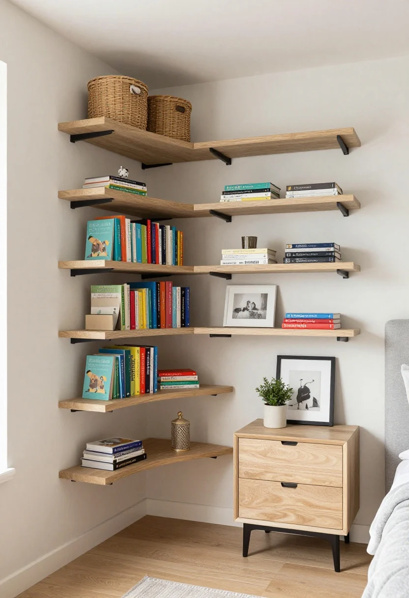 Medium shot from a corner angle: Vertical storage emphasized—floating shelves above each nightstand with color-coordinated books and small decor, a tall ceiling-height wardrobe with baskets on top, and a picture ledge over the headboard displaying art, a small plant, and bedtime reads; light walls, natural wood, matte black brackets; soft daylight, tidy built-in look, photorealistic.