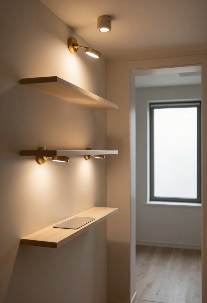 Medium shot: Layered lighting vignette—wall-mounted plug-in sconces with adjustable arms above narrow nightstand shelves, a low-profile semi-flush ceiling fixture on a dimmer casting warm ambient light, subtle LED strip lighting tucked under the bed frame and along a floating shelf for a soft glow; light, reflective accents like brushed brass details and a mirrored tray bounce light; a large mirror opposite a window doubling daylight without reflecting clutter; evening mood with controlled, cozy brightness; angled perspective from the doorway.