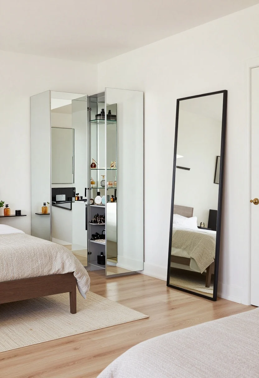 Medium shot: Reflective storage—mirrored wardrobe doors bouncing light to visually double the small bedroom; an over-the-door mirrored cabinet ajar showing organized jewelry and beauty products; a wall mirror with a slim ledge holding perfumes and a tiny plant; one large mirror focal point rather than many small ones; bright, airy daylight, crisp reflections, photorealistic.