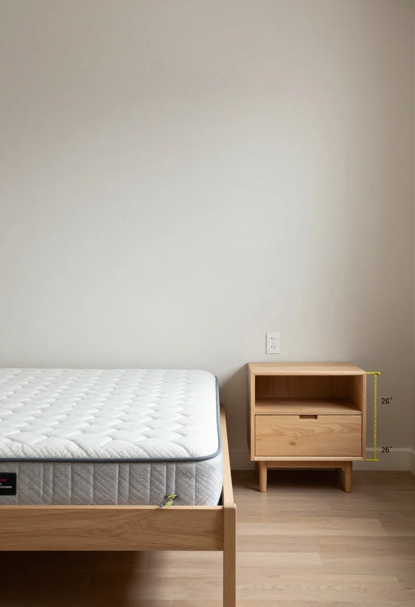 Medium shot, straight-on view of a bedroom corner focused on measurement-perfect sizing: a standard-height mattress at 26 inches off the floor with a nightstand exactly 26 inches tall, leaving a 4-inch gap between bed and stand; the nightstand is 18 inches wide and 16 inches deep, showing clear floor space and unobstructed closet door swing. Include a tape measure visible at the mattress top and along the nightstand depth, an outlet on the wall with room for plugs, and bedding slightly spilling into the 4-inch gap to prove clearance. Natural morning light, neutral walls, simple headboard; emphasize proportions, not style.