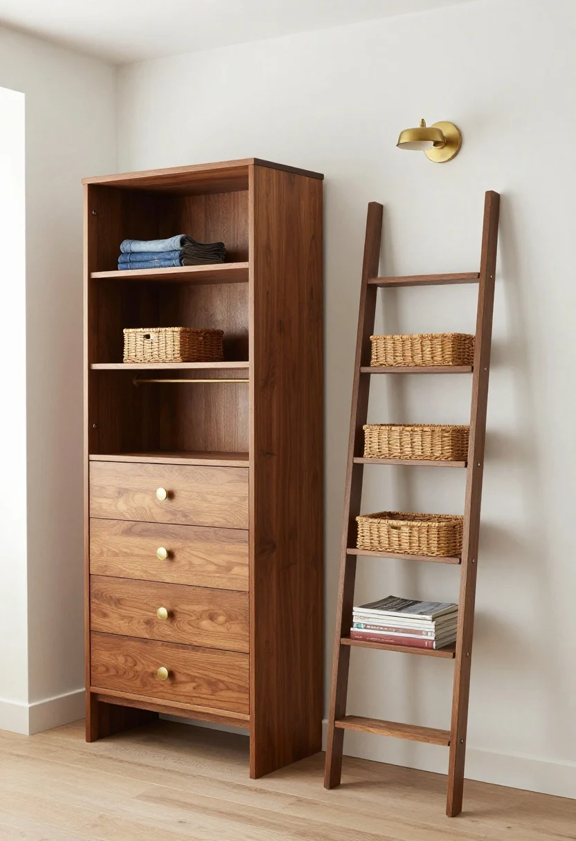 Medium shot: Swap bulky dresser for a slim vertical chest with 6 drawers beside a lean ladder shelf holding woven baskets with jeans and magazines; an armoire with adjustable shelves and a short hanging rod nearby; drawer organizers visible in an open top drawer; hardware finish matching room metals (e.g., brushed brass pulls echoing lamp and frame); warm wood tones, white walls, natural daylight, ceilings feel higher, photorealistic.