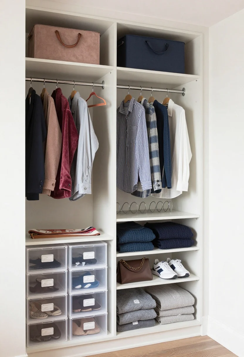 Medium straight-on closet interior: A small bedroom closet optimized with double-hang rods for shirts and pants, a row of skinny velvet hangers in matching color, stackable clear shoe drawers neatly labeled, an over-the-door organizer holding scarves, belts, and clutches, and shelf dividers keeping sweater stacks tidy; rarely used items in labeled bins up high; bright neutral lighting for a boutique-display vibe, photorealistic.