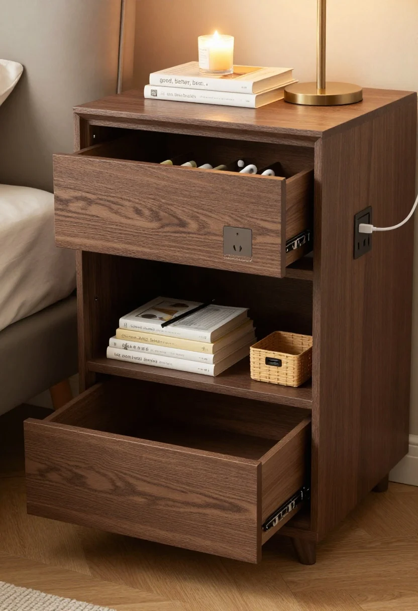 Medium, three-quarter angle of a storage-focused nightstand vignette: a two-drawer plus open-shelf nightstand showing “good, better, best.” Top drawer slightly open revealing shallow dividers neatly holding lip balm, earbuds, and a journal pen; lower drawer closed. Open shelf with a tidy stack of books and a small basket. Integrated USB ports and a standard outlet in the nightstand back with a single neatly routed charging cable (no spaghetti). Soft-close drawer action implied by concealed runners. Warm bedside lamp glow, minimal clutter on top (one book and a candle), realistic cords management.