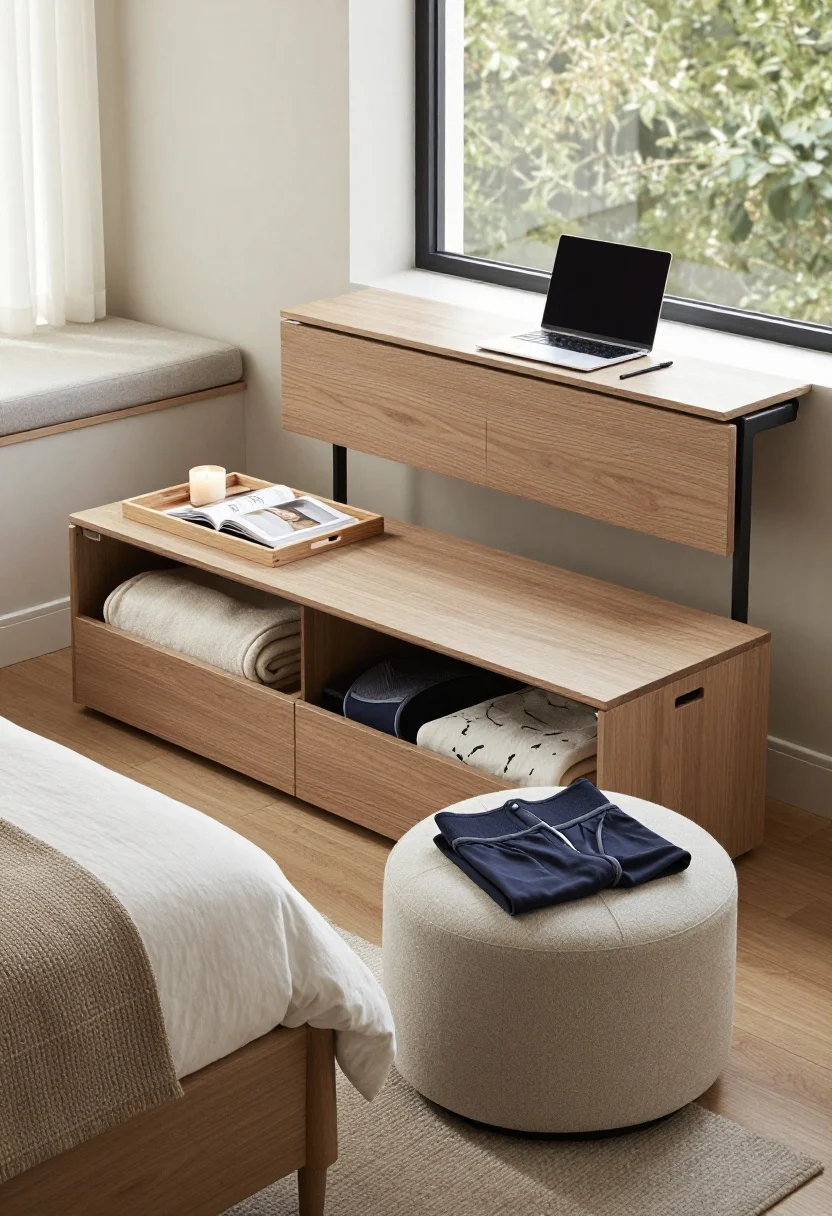 Medium vignette: Multipurpose furniture trio—a storage bench at the foot of the bed with blankets inside and a tray on top holding a candle and book; a round lidded ottoman open revealing workout gear; a slim drop-leaf console against the wall, folded down with a laptop and pen neatly placed when open; window seat with lift-up lid hinted in background; cohesive neutral palette with textured fabrics, soft daylight, photorealistic.