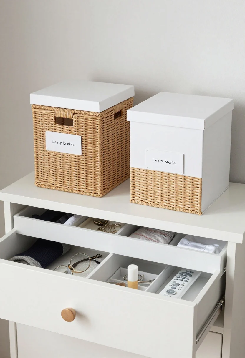 Overhead detail shot: A shelf with two-tone containment—natural rattan fabric bins and white lidded boxes, each discretely labeled; an open dresser drawer with dividers organizing socks, underwear, and jewelry; a bedside tray corralling glasses, lip balm, and a remote; textures highlighted—woven rattan, smooth matte boxes, cotton drawer liners; clean, calm composition, photorealistic.