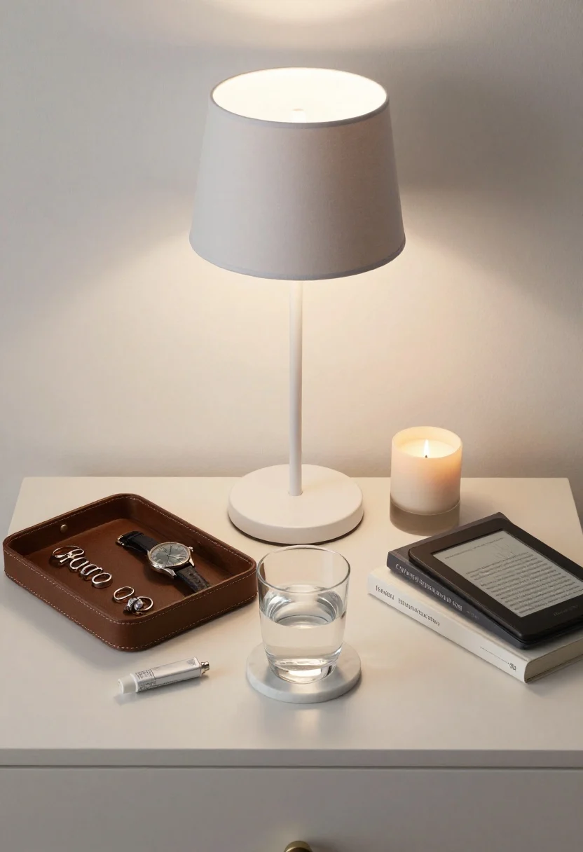 Overhead detail shot of top-surface planning: a 16-inch-deep nightstand styled with a narrow-base table lamp (lamp shade bottom aligning with seated shoulder height proportion), a small leather catchall tray corralling rings and a watch, a Kindle placed flat beside a single book, and a water glass on a marble coaster with a slim hand cream tube tucked slightly under the tray edge. For micro-top strategy, show a wall sconce mounted above, freeing space, and a tiny riser pedestal holding the candle to add vertical layering. Clean, intentional arrangement with soft evening lamp light.