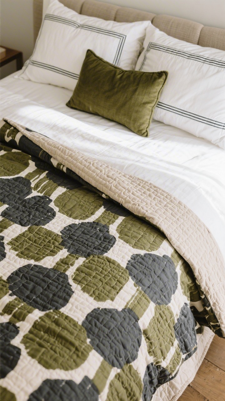 Overhead medium shot emphasizing pattern with restraint: a bold, block-printed duvet in muted olive and charcoal as the hero pattern, paired with solid white sheets and a textured matelassé quilt in mushroom; shams feature subtle charcoal pinstripes only, and a lumbar pillow repeats olive from the duvet; balanced composition under diffuse daylight.