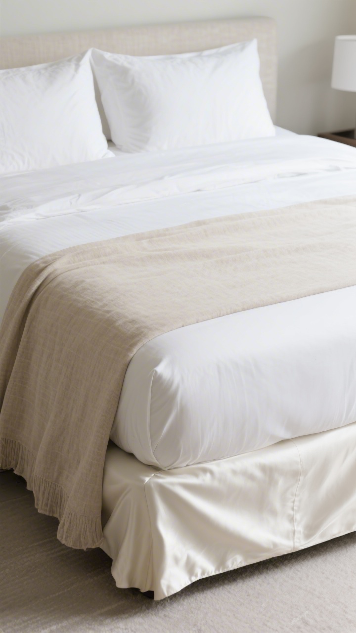 Overhead medium shot of a neatly made bed showing mixed weaves: crisp white percale fitted sheet paired with an oat-toned linen flat sheet turned down, with a second variation draped at the foot showing a silky ivory sateen fitted sheet under a white percale flat; calm neutral palette (white, ivory, oat), subtle texture contrast, soft diffuse daylight for a fresh, hotel-like vibe.