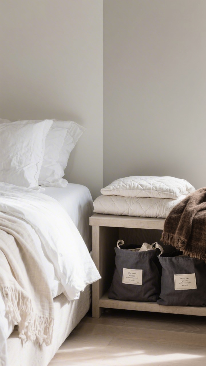 Split-season detail composition on a bed corner: left side shows spring/summer layers—white percale sheet, airy linen flat, lightweight gauzy throw; right side shows fall/winter—soft sateen sheet, visible quilt under a folded duvet, wool or velvet throw in charcoal; labeled fabric storage bags peeking from an open bench at the foot, natural light suggesting intentional rotation.