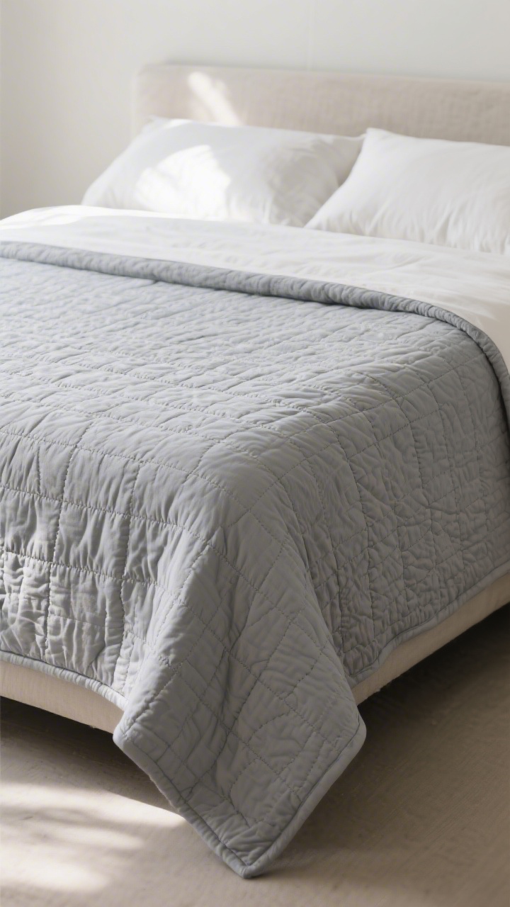 Straight-on medium shot of a bed layered with a thin, lightly stitched matelassé quilt in soft pebble gray placed directly over neutral sheets; the quilt hangs 10 inches over the sides for a tailored look, folded one-third down the bed to reveal the smooth sheet beneath; gentle afternoon light skims across the subtle pattern for texture definition.