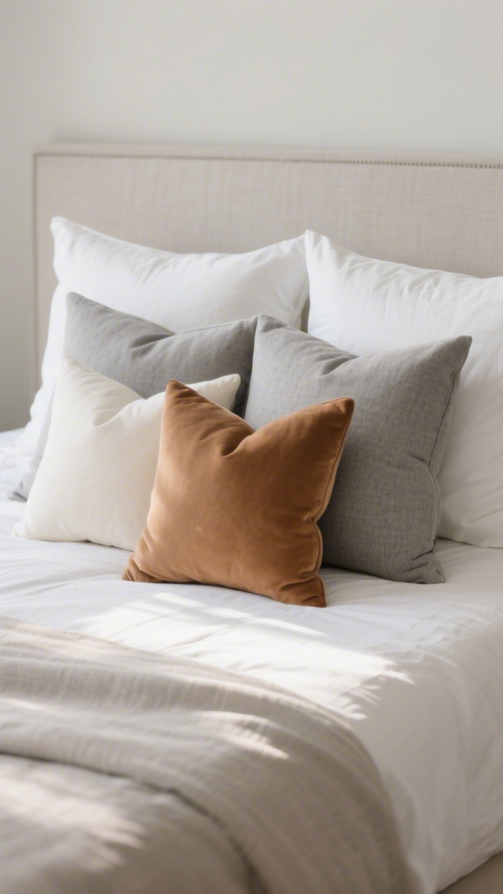 Straight-on medium shot of pillow layering on a Queen bed: 2 sleeping pillows in white cases at the back, 2 Euro shams (26x26) in pebble gray stacked in front, 2 standard pillows in ivory, and a single caramel lumbar pillow centered; varied shapes and depths, neutral palette, softly lit morning scene with the headboard just visible.
