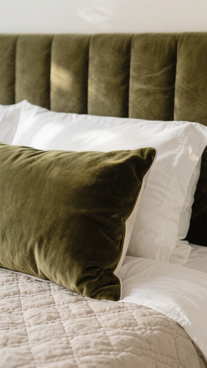 Tight texture closeup showcasing luxe material pairings: stonewashed linen in oat brushing against a deep olive velvet pillow corner, with a crisp white percale sheet edge and a structured matelassé quilt surface beneath; rich tactile contrast under soft, indirect daylight to emphasize slub, sheen, and quilting.