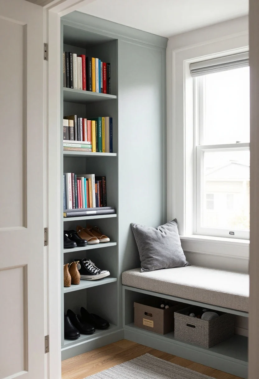 Wide angle from the doorway: Dead zones put to work—an over-door shelf lined with books and pretty storage boxes, a shallow 4–6 inch cabinet behind the door storing shoes and accessories, a painted radiator cover with a flat top used as a display shelf, and a window ledge with a custom box cushion revealing hidden storage beneath; shallow storage painted to match the wall color for minimal visual bulk; bright natural light, photorealistic.