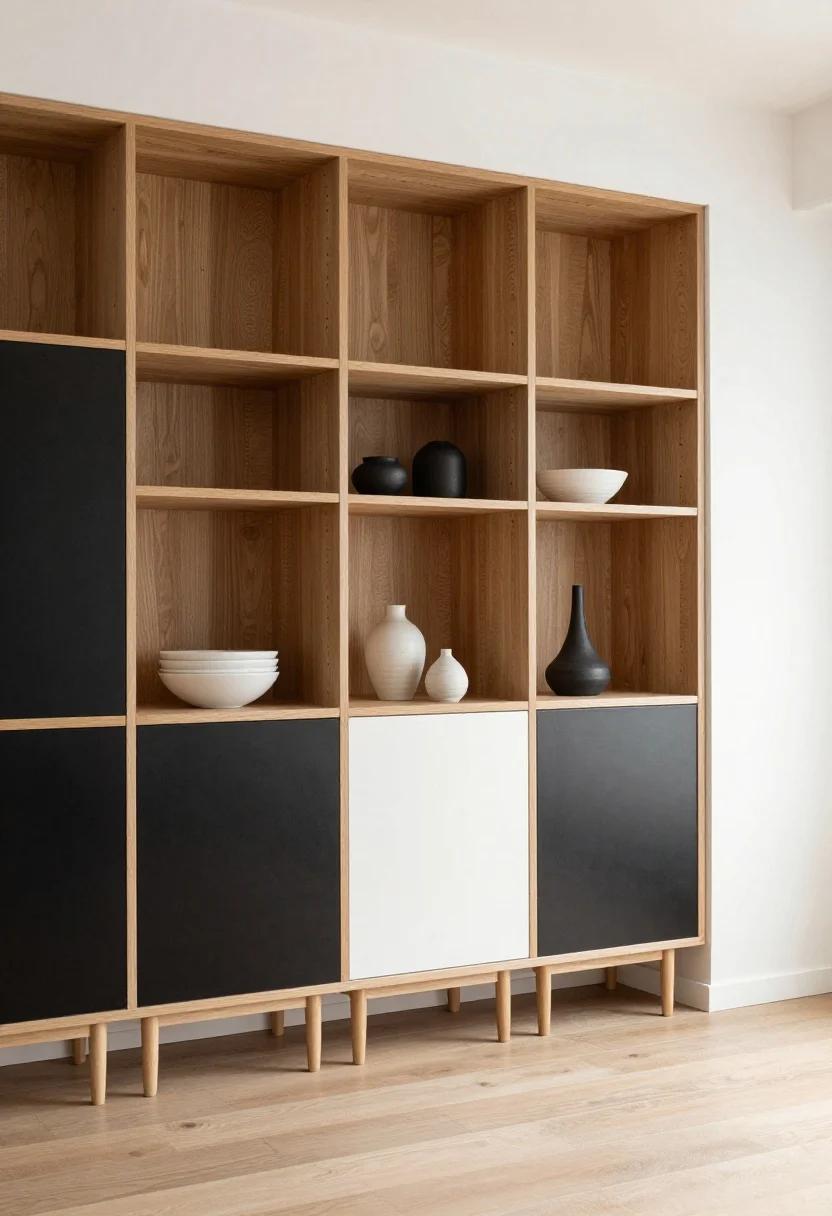 Wide, balanced room composition: Intentional styling—tight color palette of warm wood, white, and black metal accents; closed storage for non-pretty items with one open shelf displaying a curated trio of decor pieces; furniture legs and finishes matching for cohesion; clear sightline from entry with taller pieces placed away from the doorway; minimal surfaces (3–5 items grouped by height and texture); soft afternoon light, serene mood, photorealistic.