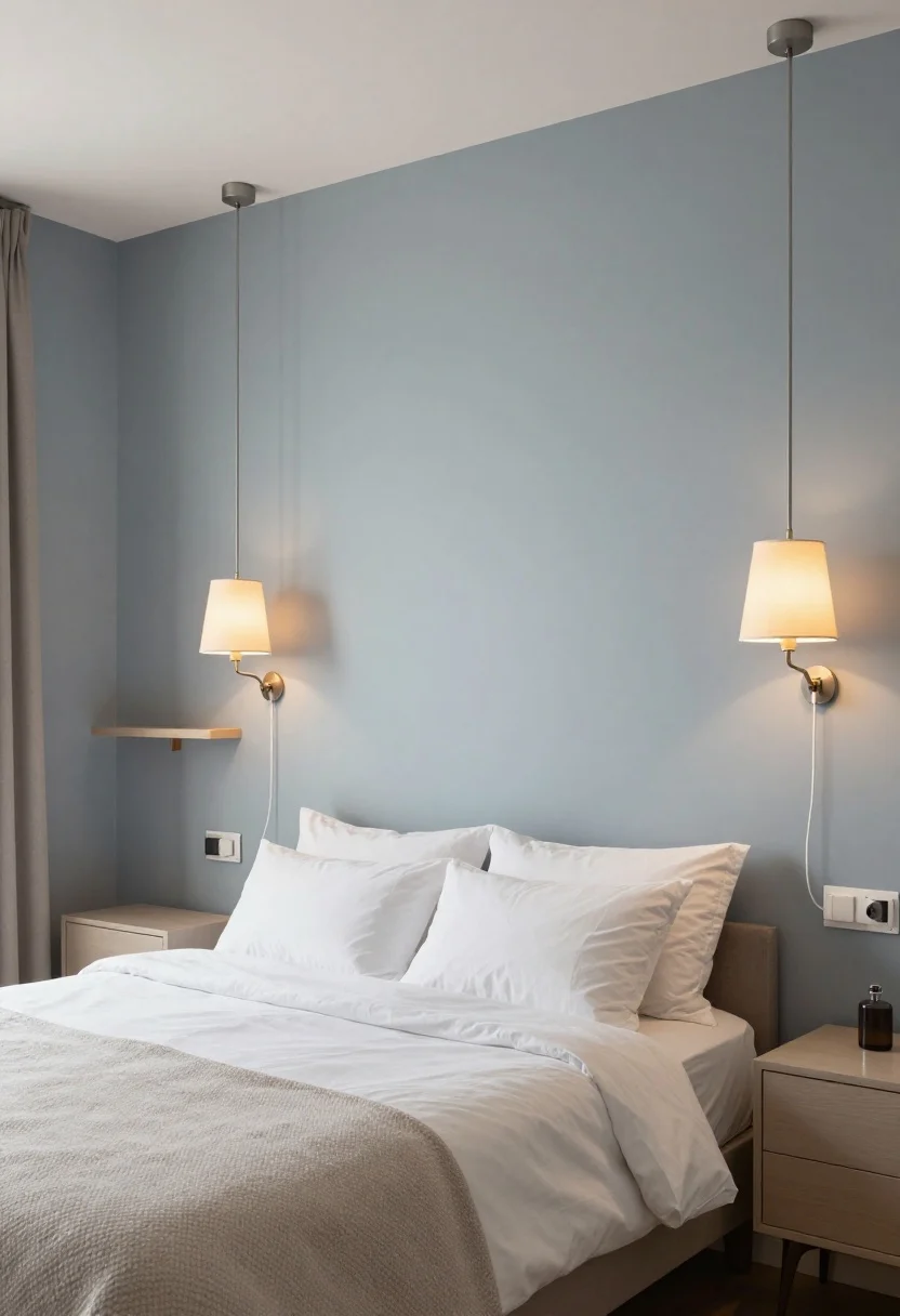 Wide bed wall view: Wall-mounted lighting frees surfaces—matching plug-in swing-arm sconces flanking the bed, cords neatly tacked; a clip-on lamp attached to a floating shelf above a nightstand; low-hung ceiling pendants on each side for a boutique hotel vibe; shades subtly echo the bedding and rug colors (soft gray-blue and cream); nightstands clear and spacious; evening ambient glow, photorealistic.