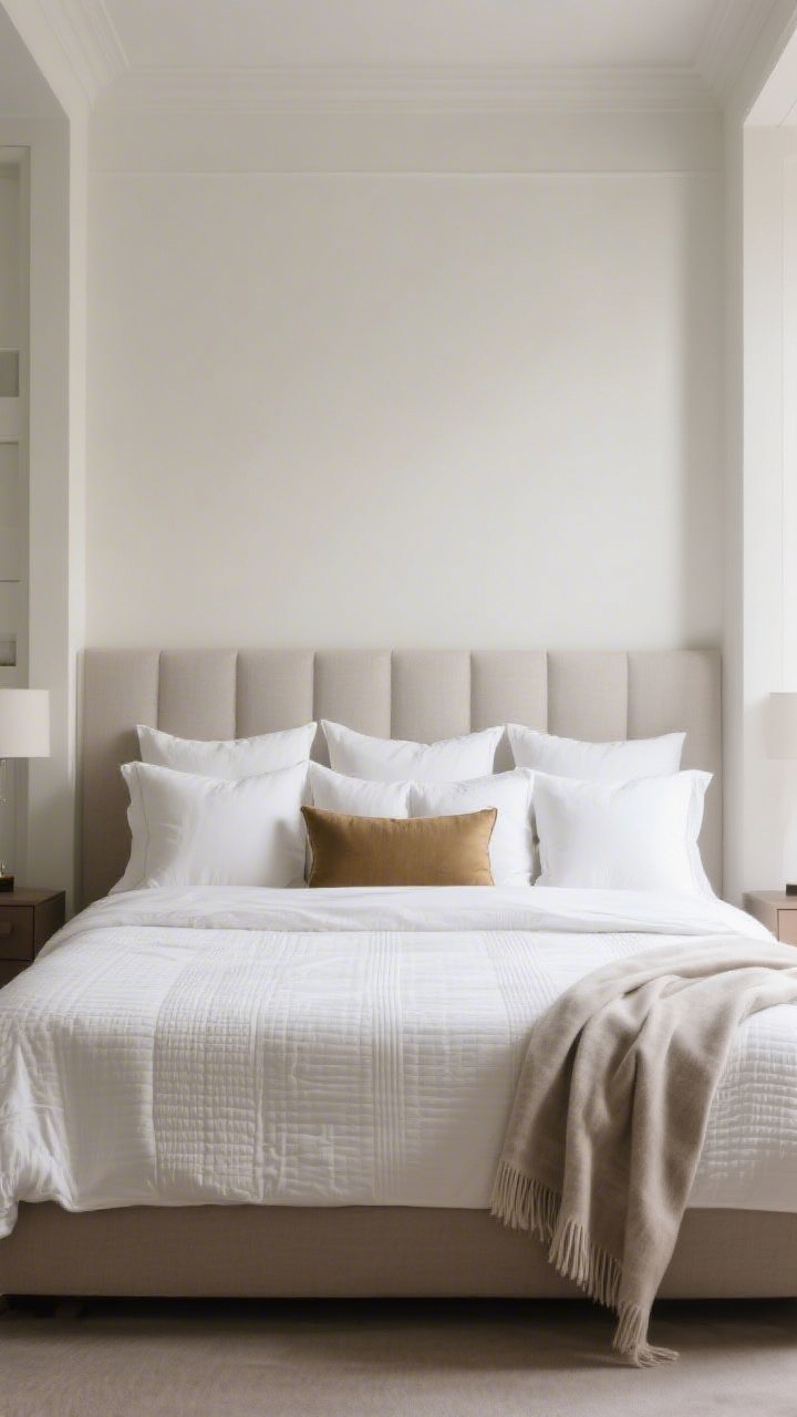 Wide, photo-ready bedroom shot showcasing height, volume, and symmetry: Euros arranged in the back row, then standards, then a centered accent lumbar; the duvet folded in thirds at the bottom with the quilt neatly visible underneath; one throw casually draped over the lower corner for touch of asymmetry; balanced composition, bright but soft natural light.