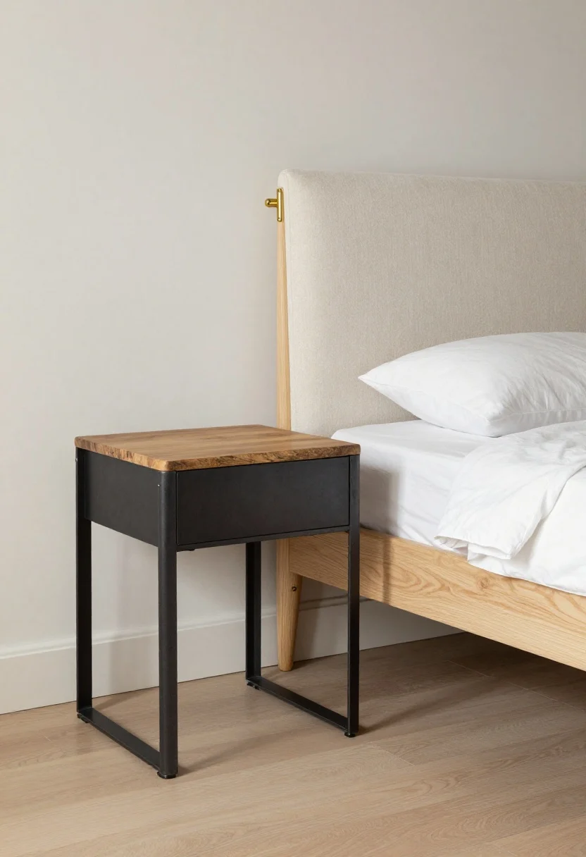Wide room shot showcasing style mixing without a matched set: a bedroom with a Scandi pale wood bed (rounded corners, tapered legs) paired with an industrial nightstand (blackened metal frame, reclaimed wood top, raw edges) on one side and a modern/minimal nightstand (clean lines, matte finish, slab front, metal base) on the other. Both nightstands share the same height and similar color family for “twins-ish” balance. Echoed element: matching brass lamp hardware to brass bedframe accents. Visually heavy upholstered headboard balanced by the industrial stand’s open legs; airy side gets the chunkier minimal piece. Soft, even ambient lighting.